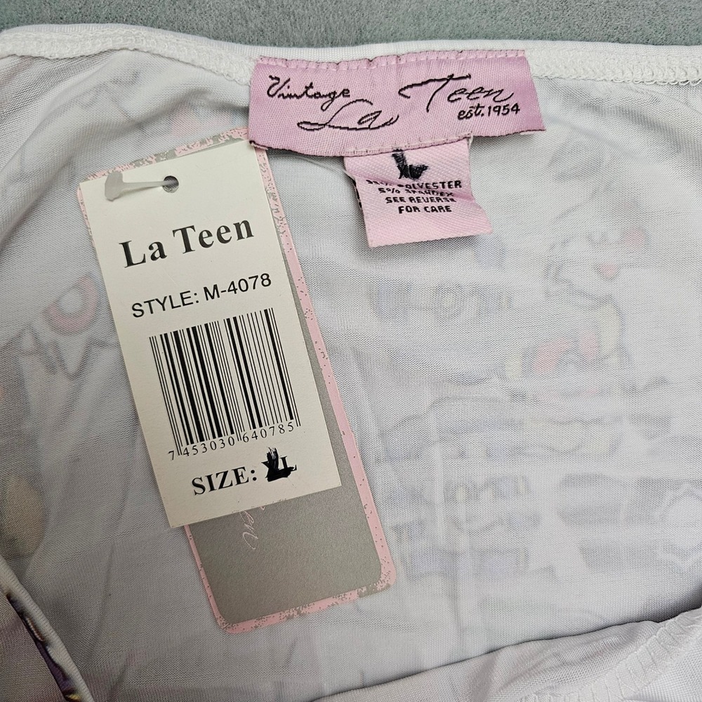 Y2K La Teen Mini Dress L White Pink Graphic Print Ruched Bodycon Babydoll NEW - Picture 3 of 12